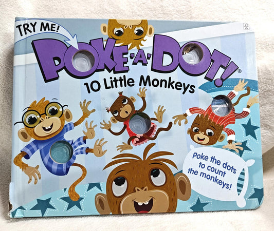 Poke-a-Dot! 10 Little Monkeys game featuring colorful monkey illustrations and dot-poking holes.