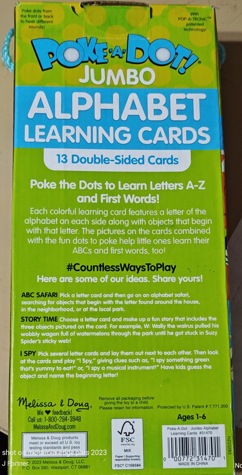Poke-A-Dot! Jumbo Alphabet Learning Cards featuring 13 double-sided cards for teaching letters A-Z.