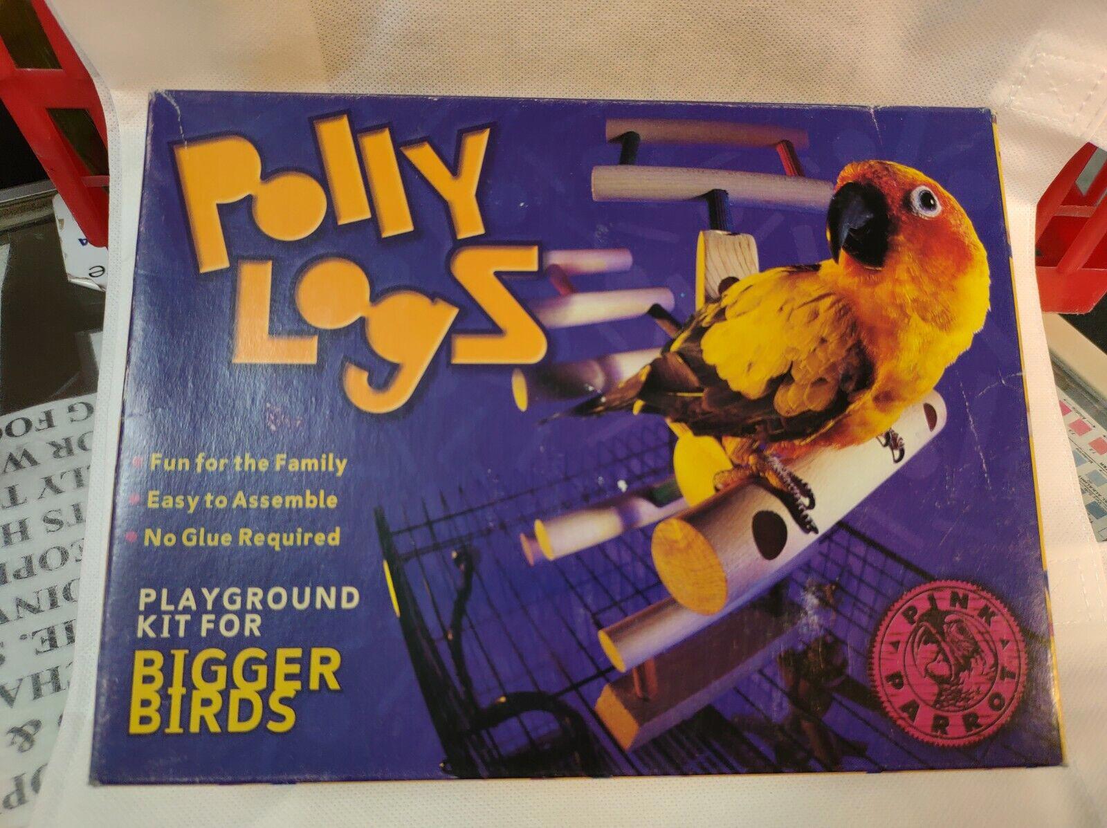 Polly Logs playground kit for bigger birds, featuring colorful assembly tubes and a vibrant yellow bird.