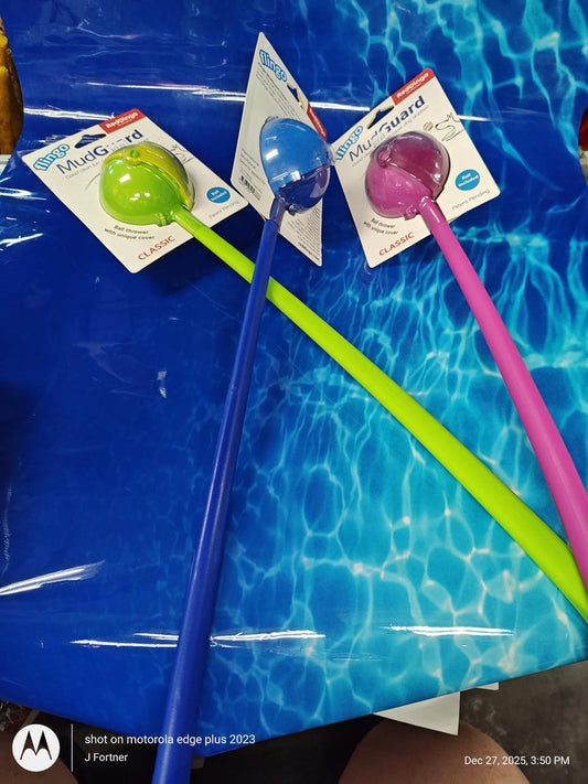 PoolGuard pool skimmer with colorful handles in blue, green, and pink.