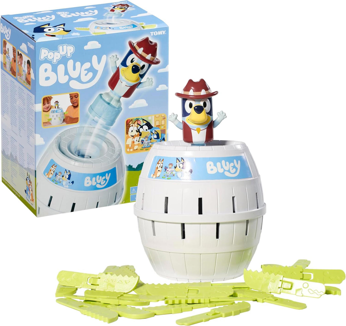 Pop Up Bluey game featuring a playful Bluey character and colorful plastic pieces.