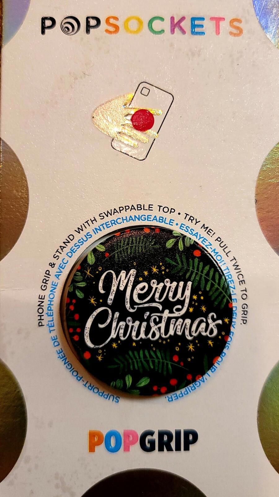 PopSockets Merry Christmas phone grip with festive design and swappable top.