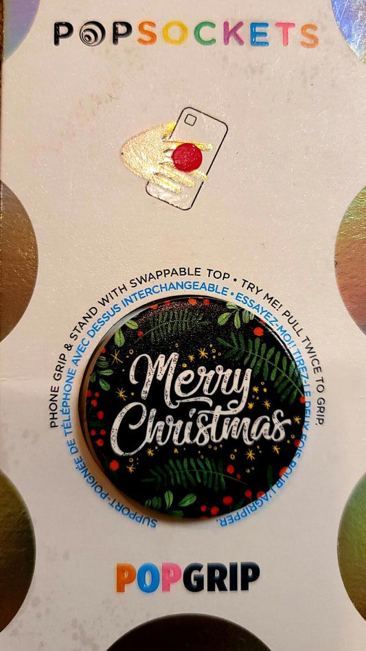 PopSockets Merry Christmas phone grip with festive design and swappable top.