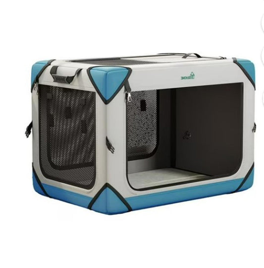 Portable Pet Crate featuring a durable design with blue accents and mesh windows for ventilation.