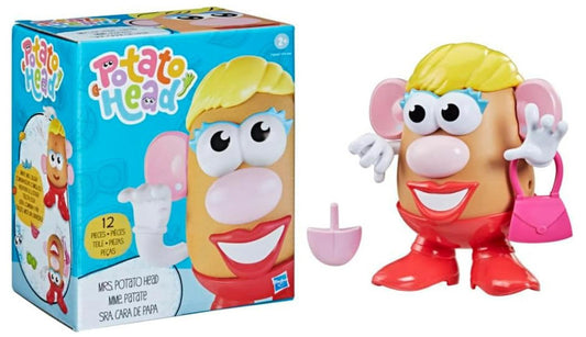 Potato Head toy with blonde hair and pink accessories, featuring a smiling face.