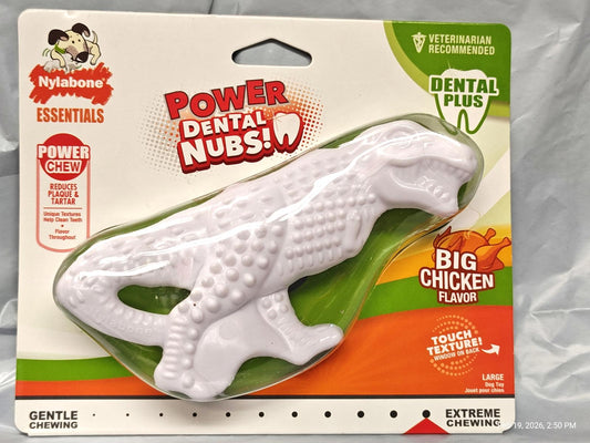 Power Dental Nubs dinosaur chew toy for dogs, featuring a big chicken flavor and textured surface.