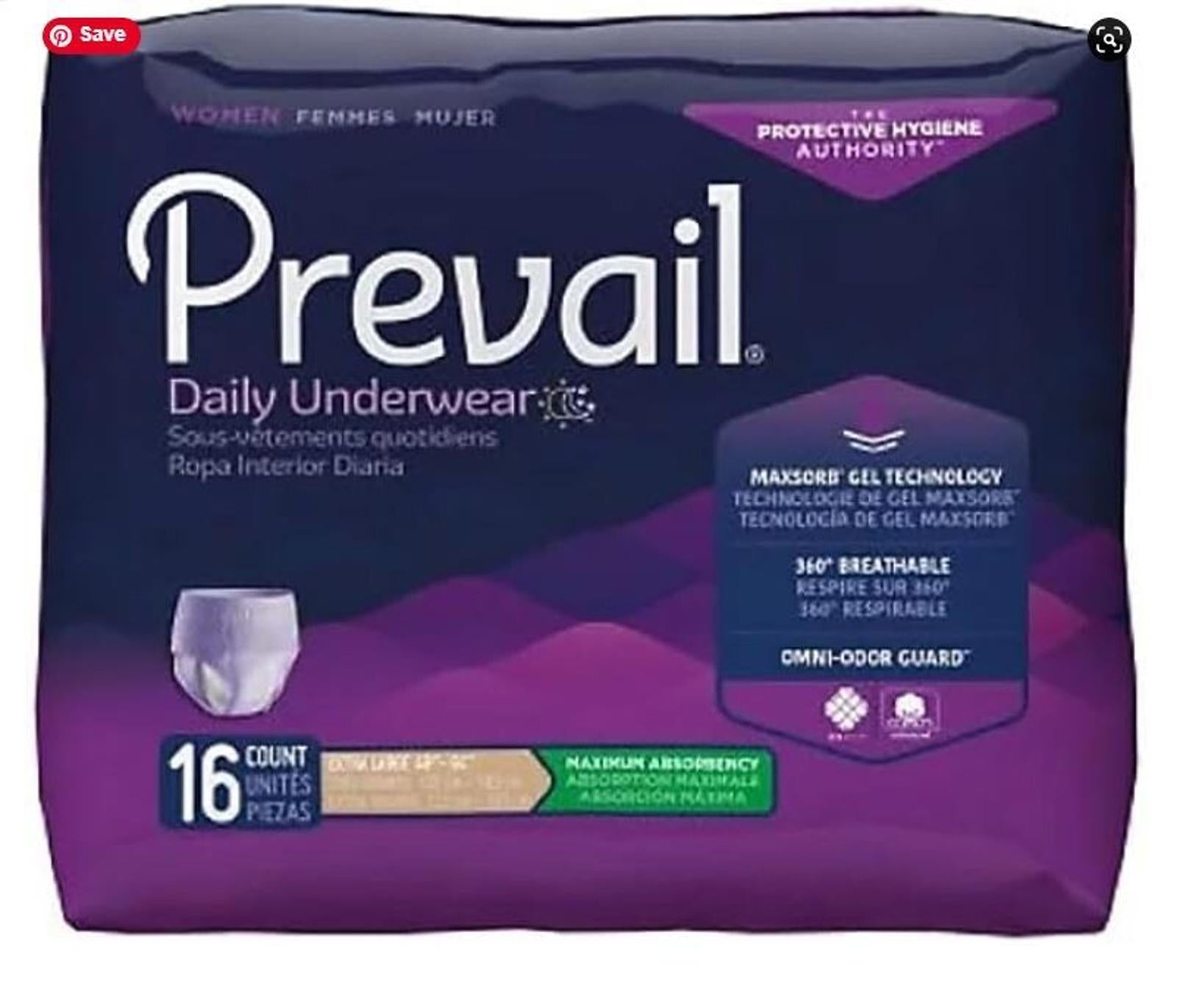 Prevail Daily Underwear pack featuring 16 count with maximum gel technology for comfort.