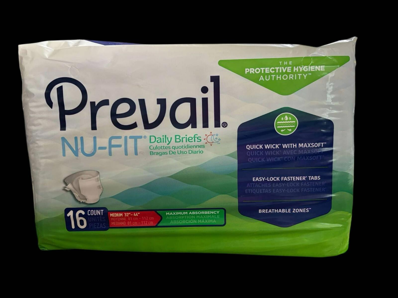 Prevail Nu-Fit daily briefs pack featuring 16 count, breathable zones, and quick wick technology.