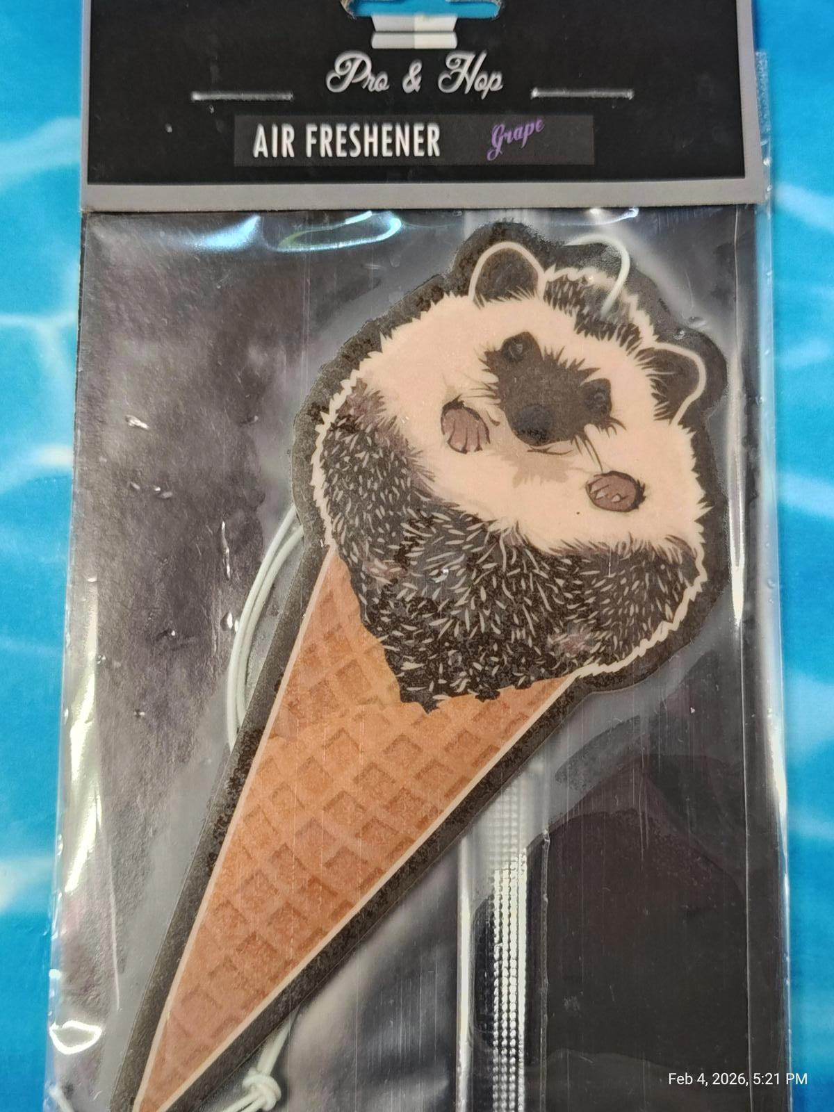 Pro & Hop air freshener featuring a cute hedgehog in an ice cream cone design.