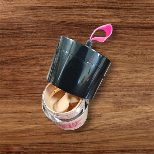 Product name container with a black lid and pink pull tab, showcasing the contents inside.
