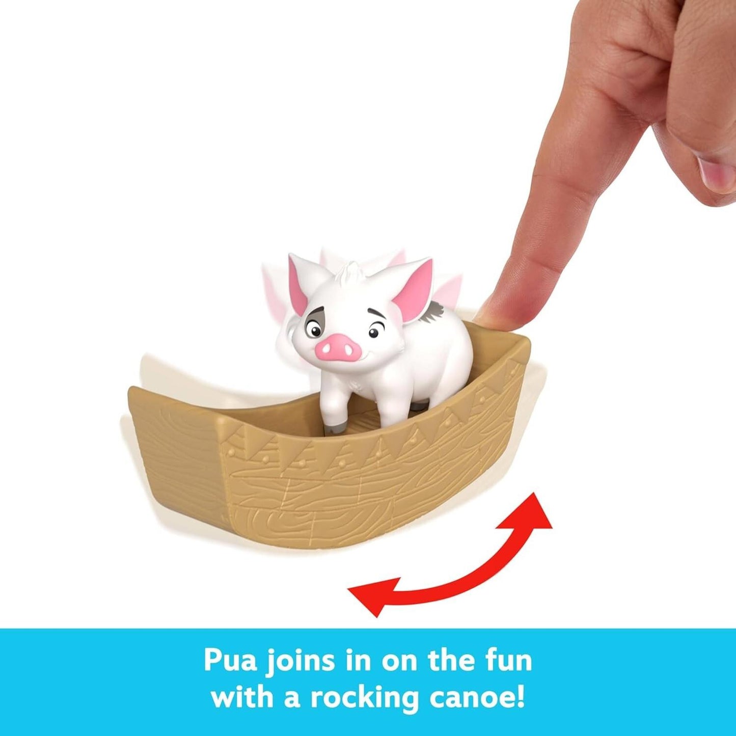 Pua joins in on the fun with a rocking canoe toy, featuring a playful pig character.