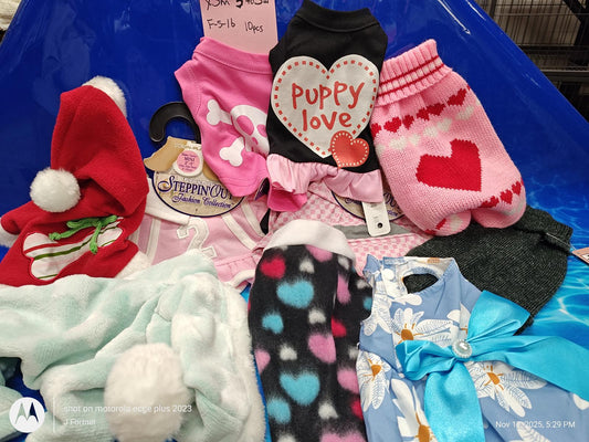 Puppy love pet clothing set featuring colorful socks and outfits for dogs.