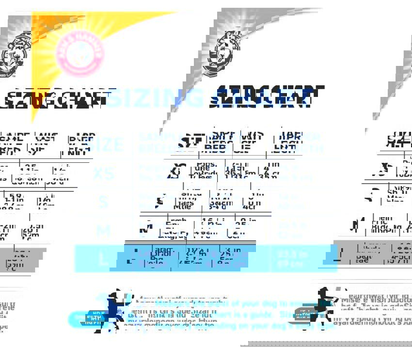 Puppy Pads Sizing Chart showing sizes XS to L with waist measurements and sample breeds.