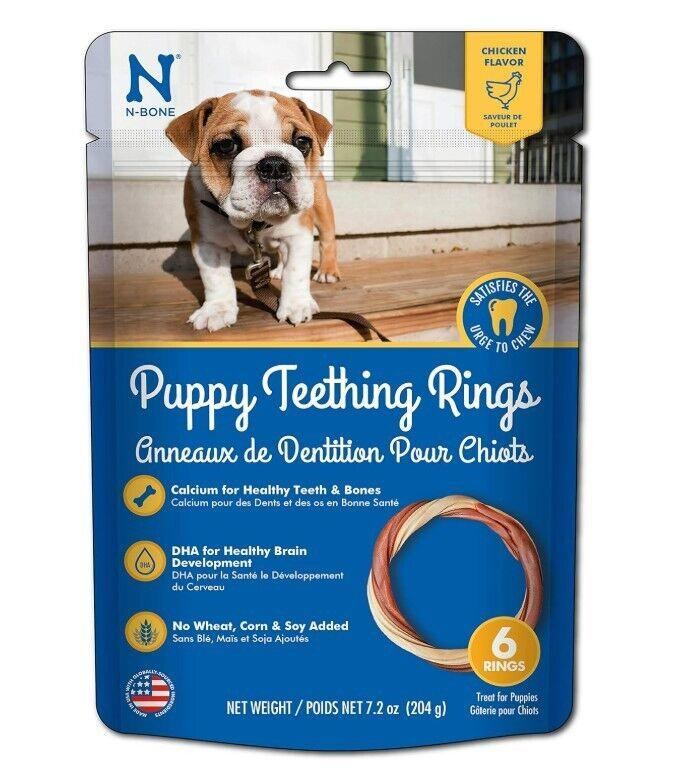 Puppy Teething Rings in a blue package, featuring a bulldog and highlighting healthy ingredients.