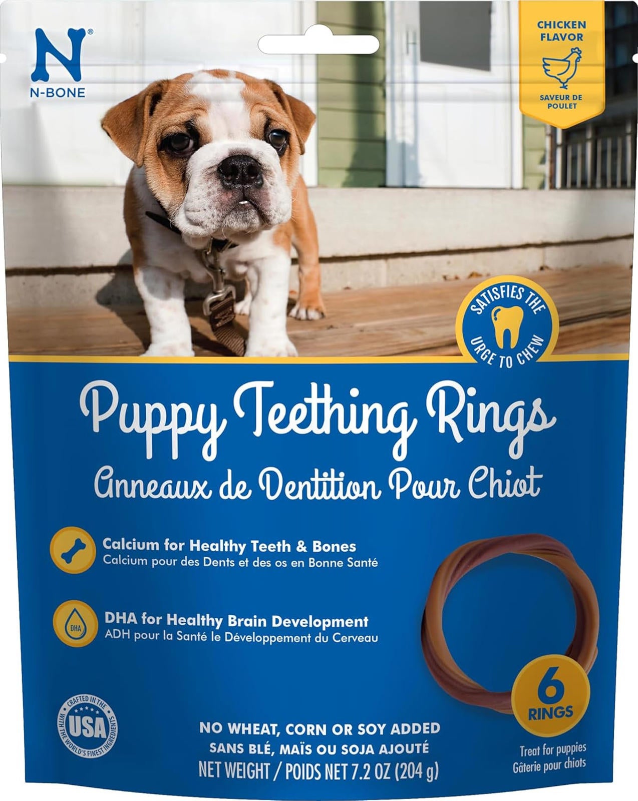 Puppy Teething Rings by N-Bone, featuring a playful puppy on the packaging, promoting healthy teeth and bones.