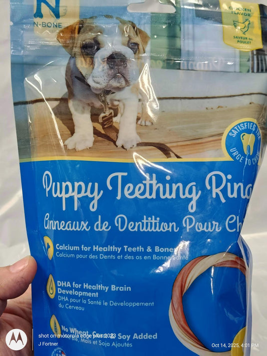 Puppy Teething Rings package featuring a bulldog, promoting healthy teeth and brain development.