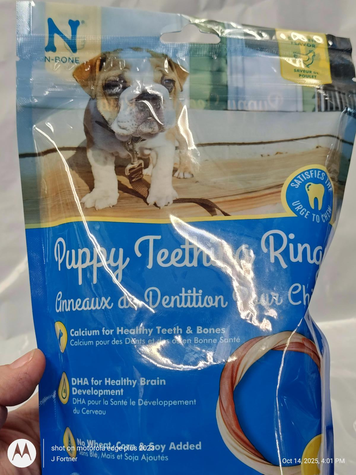 Puppy Teething Rings package featuring a playful puppy, promoting healthy teeth and bones.