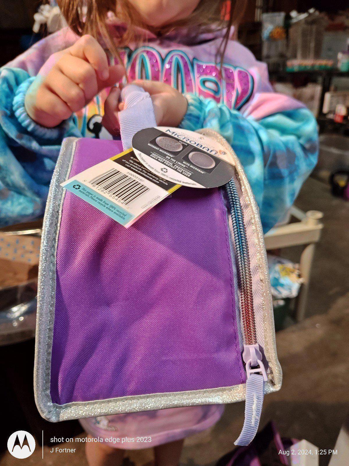 Purple Lunch Bag with zipper and handle, perfect for school or outings.