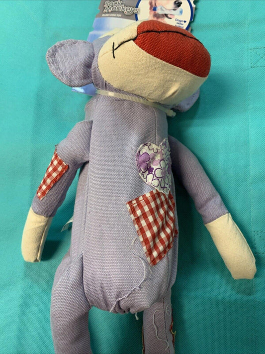 Purple Sock Monkey Plush Toy with Heart and Patch Details.