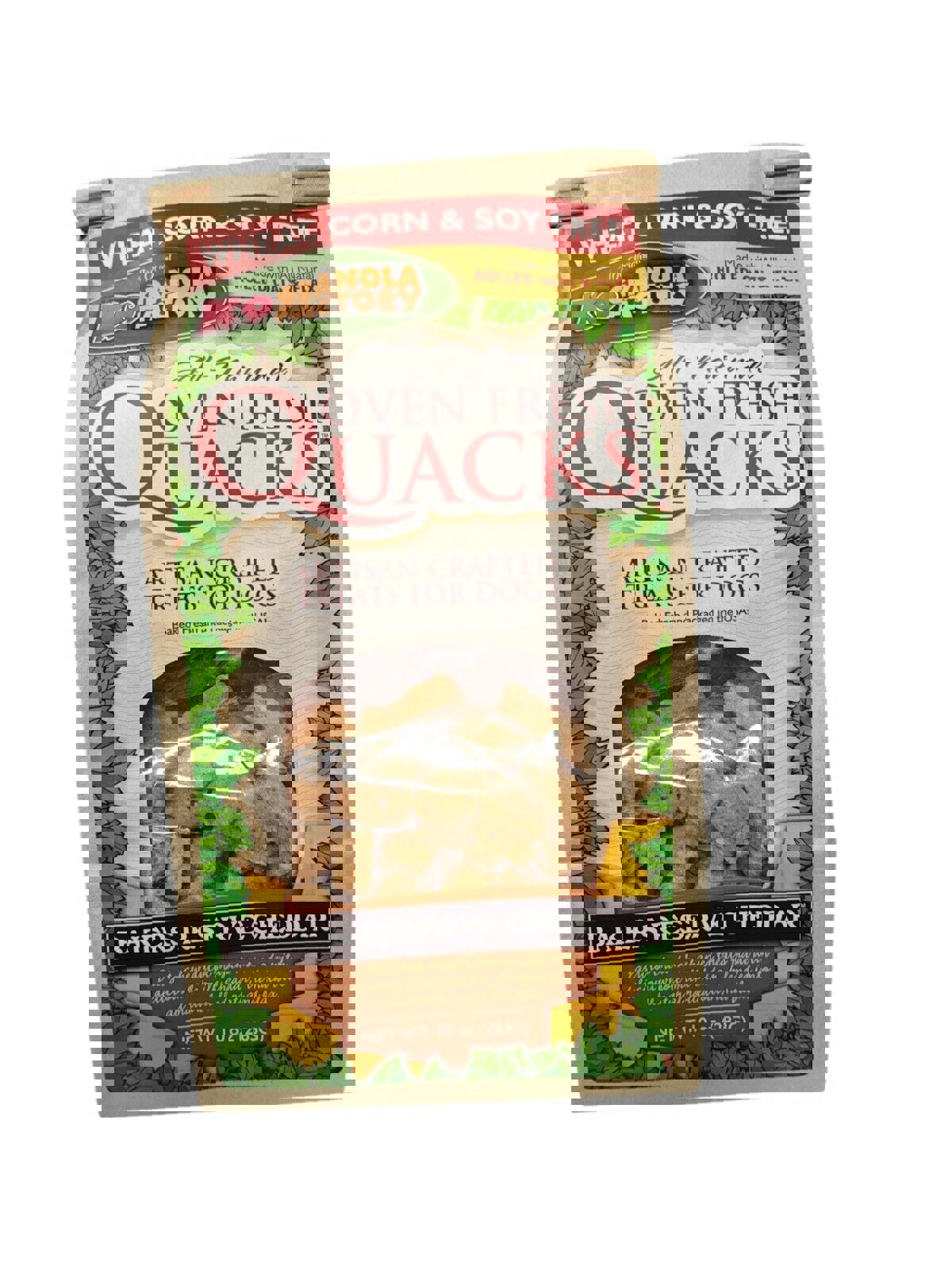 Quacks All-Natural Oven Fresh dog treats in Bakers Reserve Cheddar flavor, wheat, corn, and soy free.