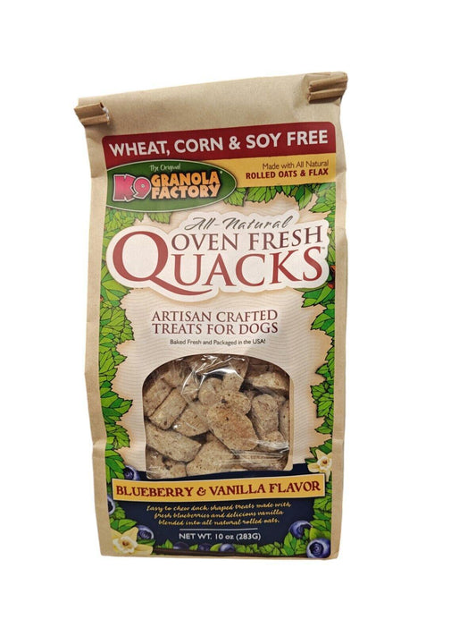 Quacks dog treats by KoGranola Factory in blueberry and vanilla flavor, wheat, corn, and soy free.