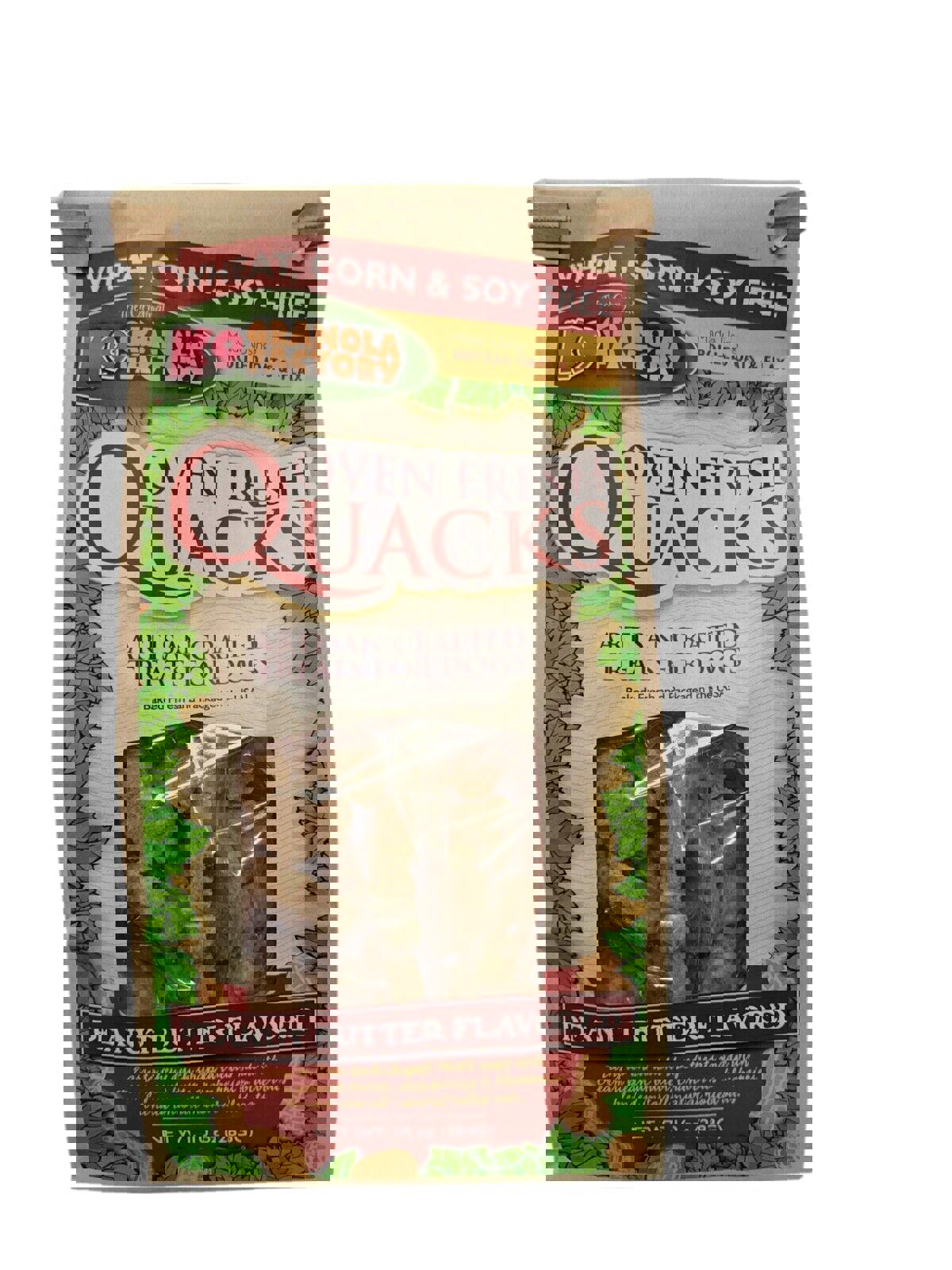 Quacks oven fresh peanut butter flavored dog treats in a brown bag, wheat, corn, and soy free.