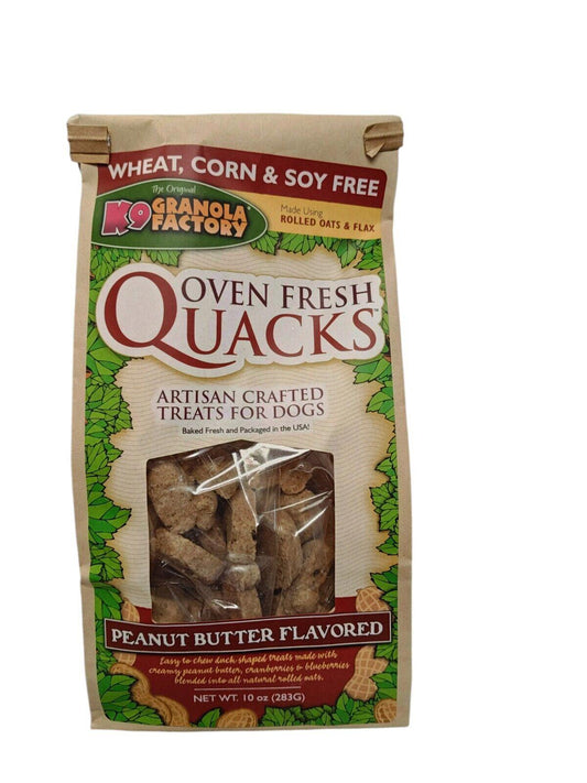 Quacks oven fresh peanut butter flavored dog treats in a brown bag, wheat, corn, and soy free.