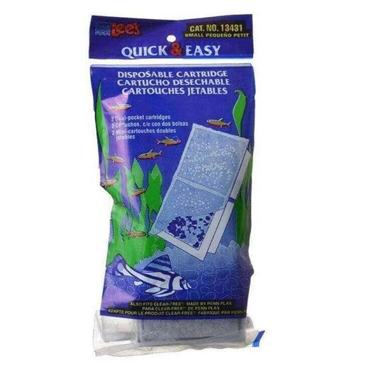 Quick & Easy disposable cartridge for aquarium filtration, featuring a blue design and clear packaging.