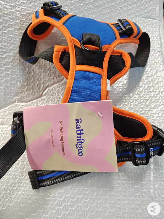 Rabbigo dog harness in blue and orange with adjustable straps and a tag attached.