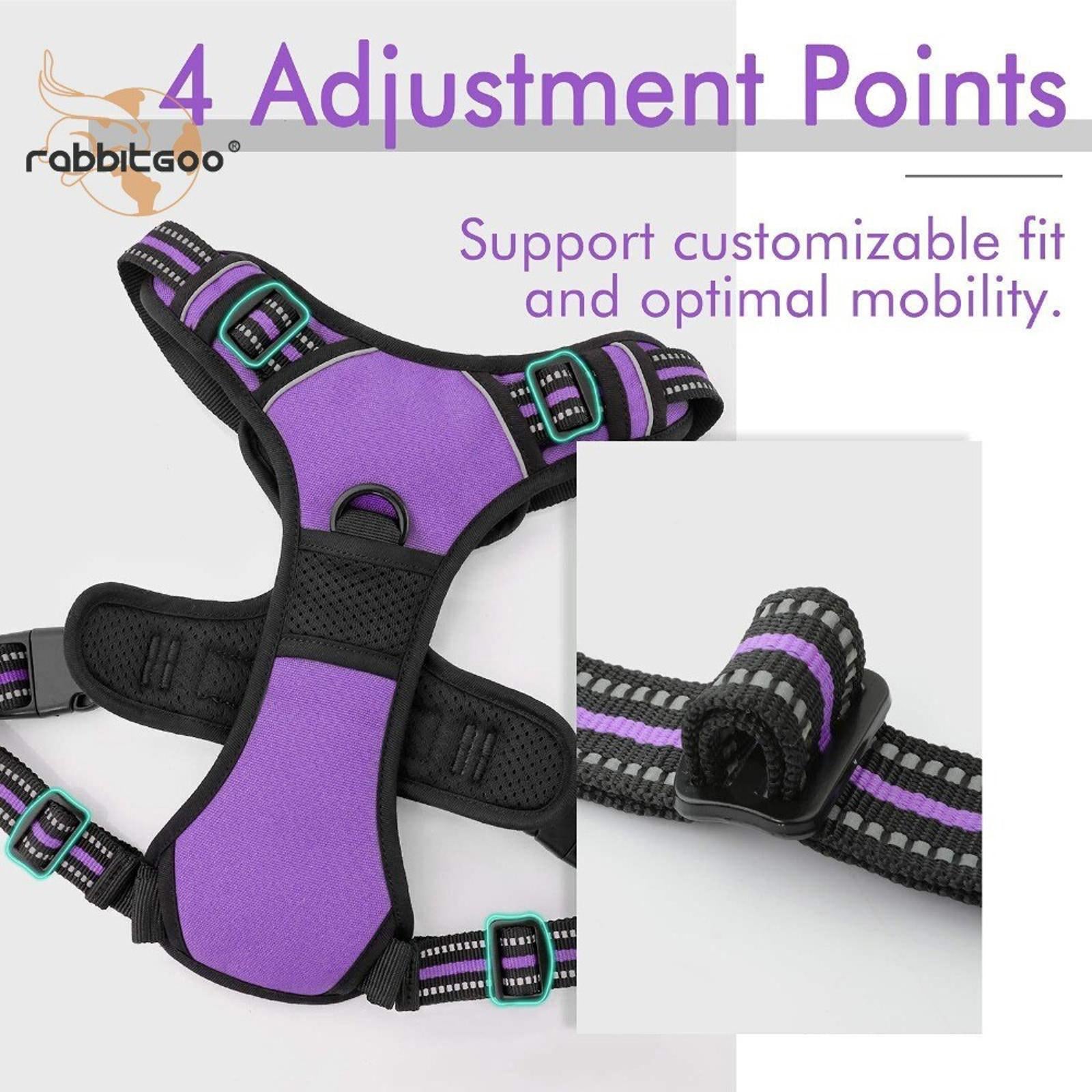 Rabbitgoo adjustable dog harness with four adjustment points for customizable fit and optimal mobility.