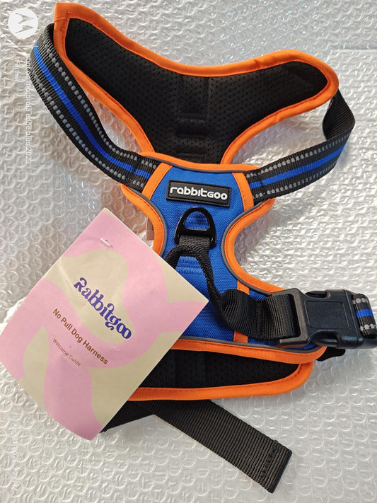Rabbitgoo dog harness in blue and orange with adjustable straps and padded design.