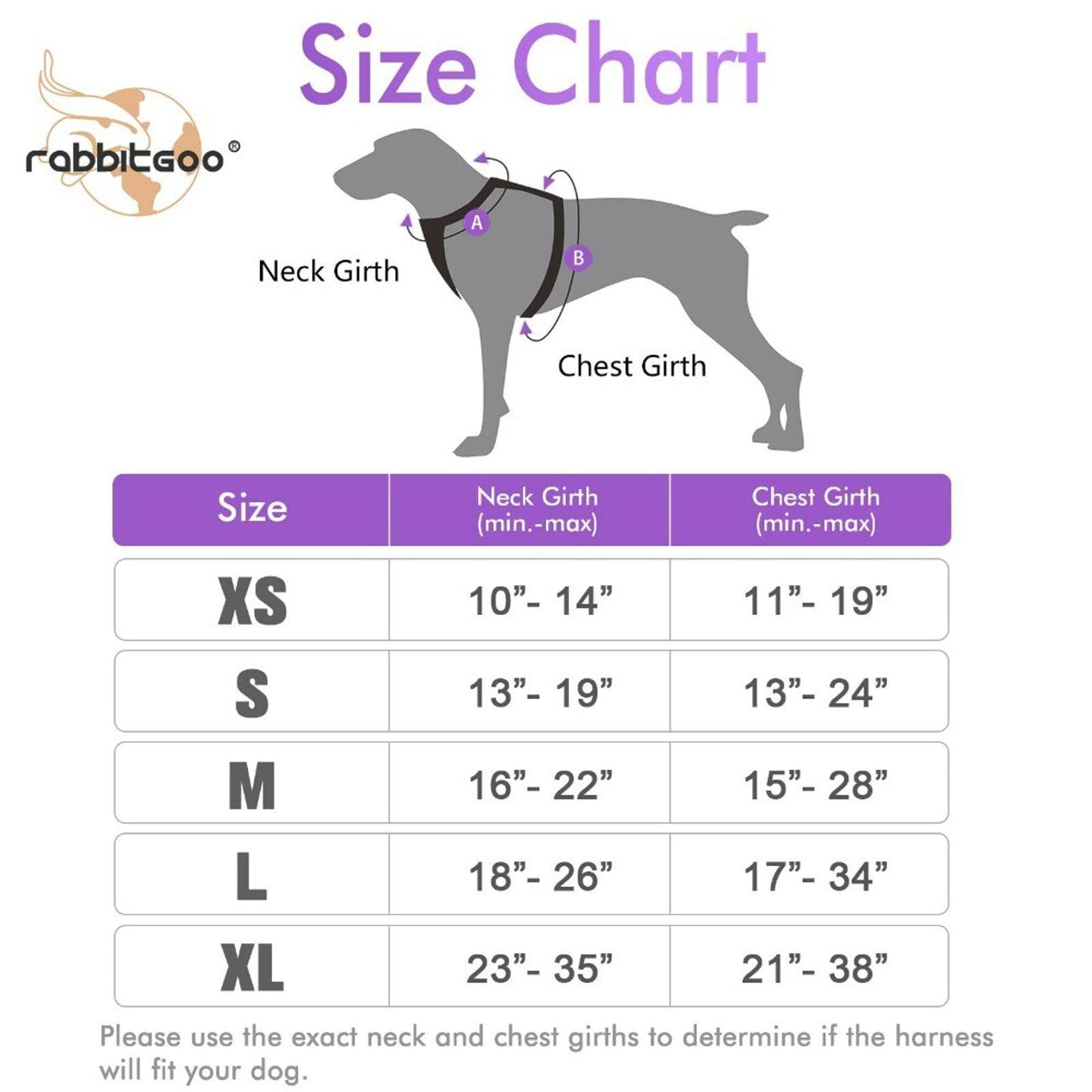 Rabbitgoo size chart for dog harness showing neck and chest girth measurements.