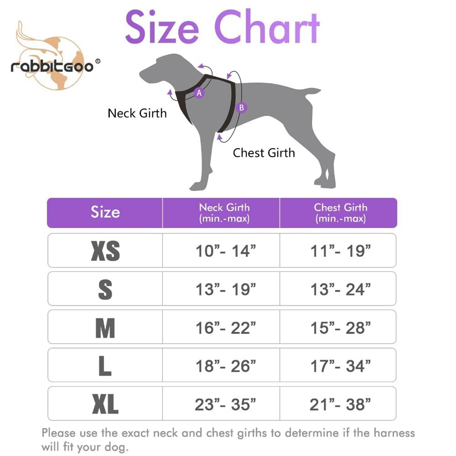 Rabbitgoo size chart for dog harness showing neck and chest girth measurements.