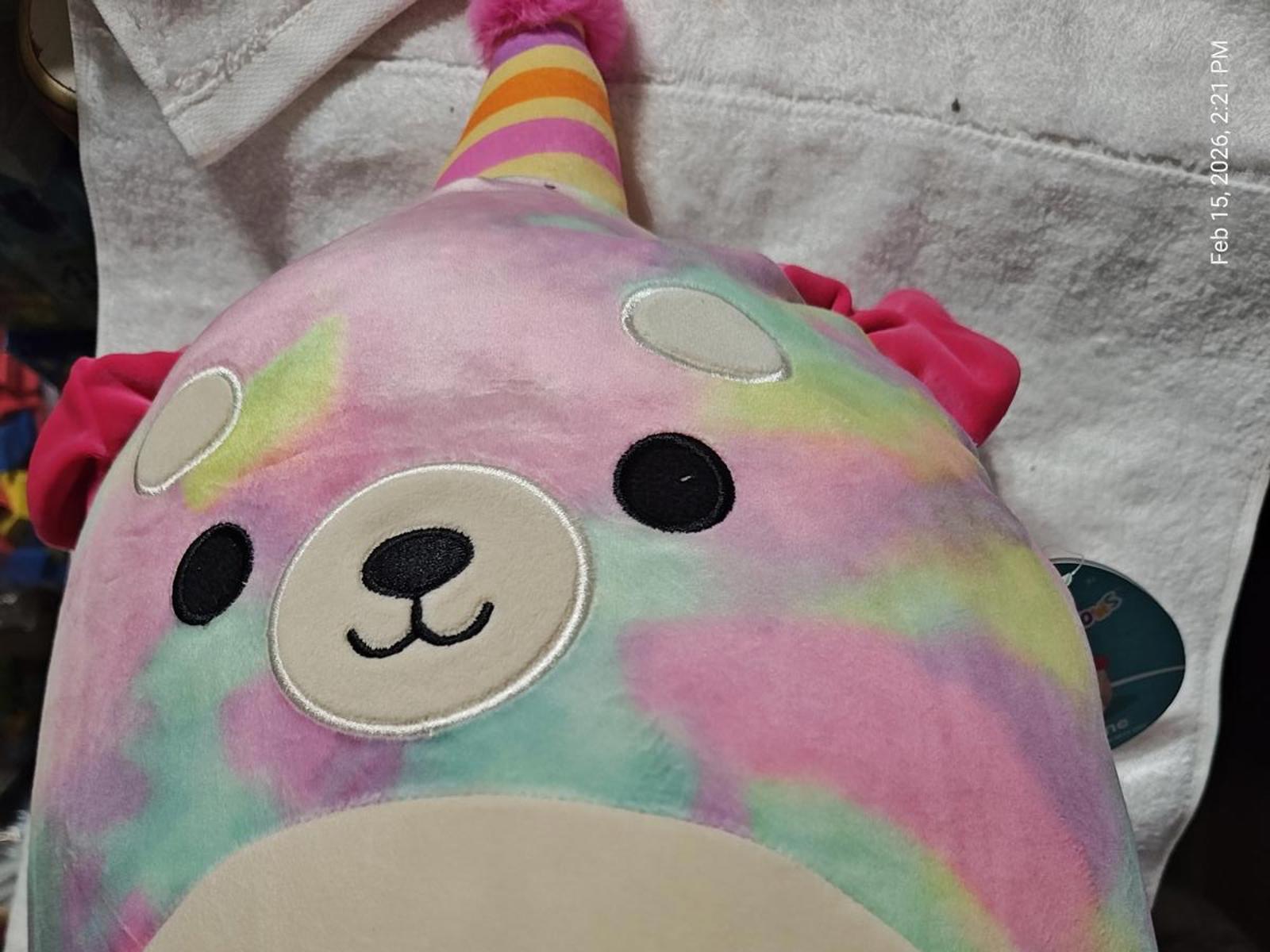 Rainbow Bear Plush Toy with a party hat, featuring pastel colors and a cute face.
