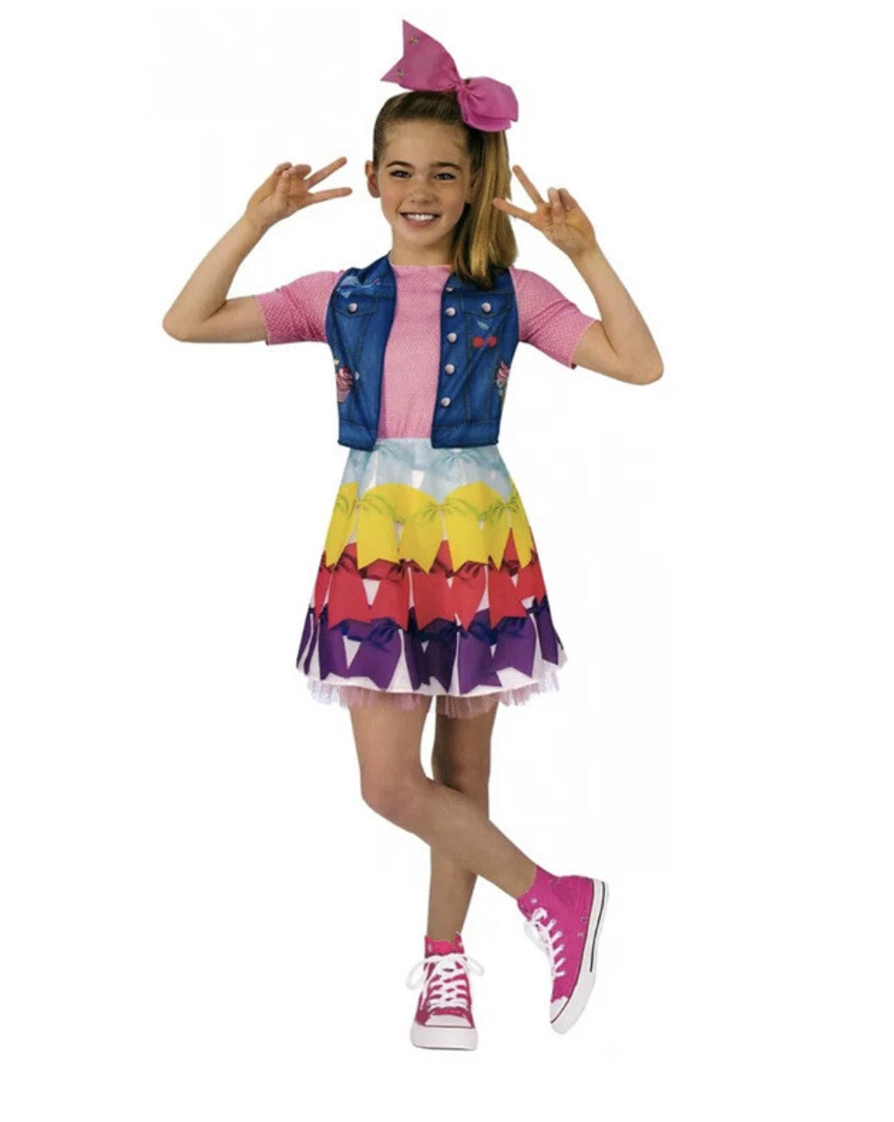 Colorful Rainbow Dress with Denim Vest for kids, featuring vibrant layers and playful design.