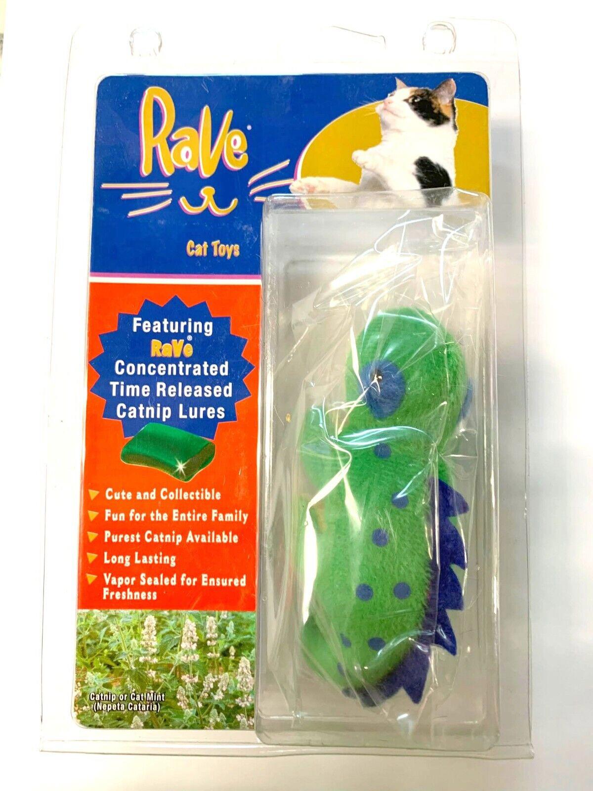 Rave Cat Toys featuring concentrated time released catnip lures in green with blue spots.