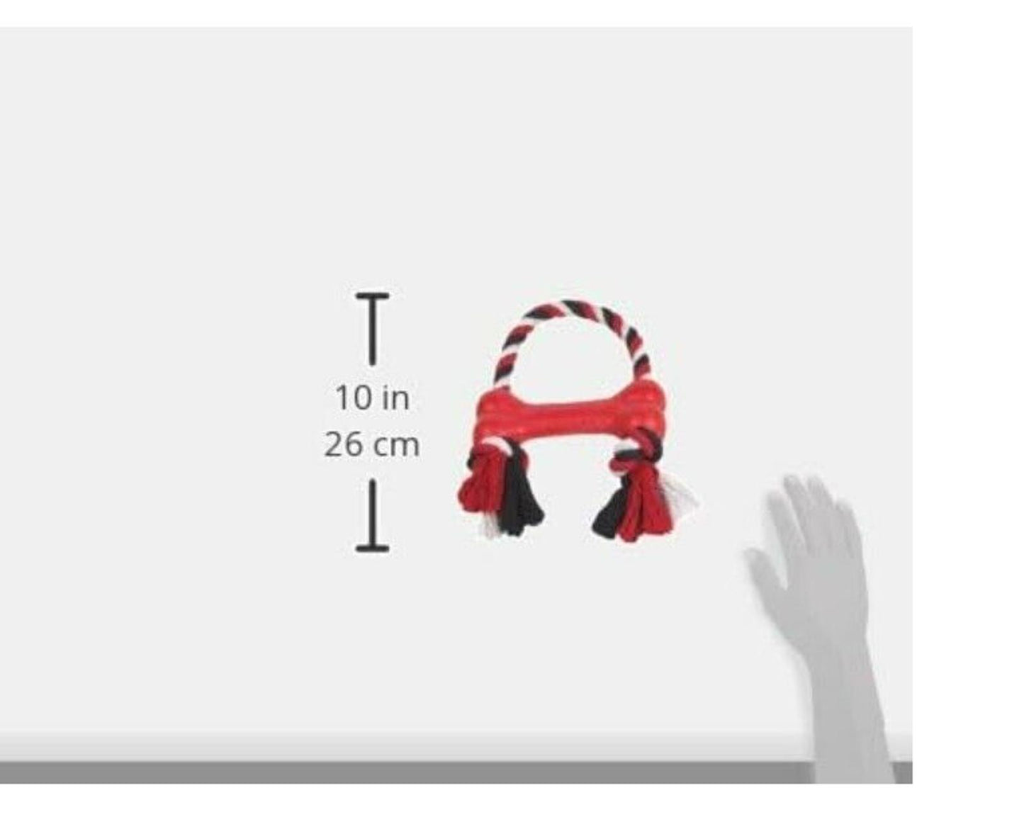 Red and black dog rope toy, 10 inches long, ideal for chewing and tugging.