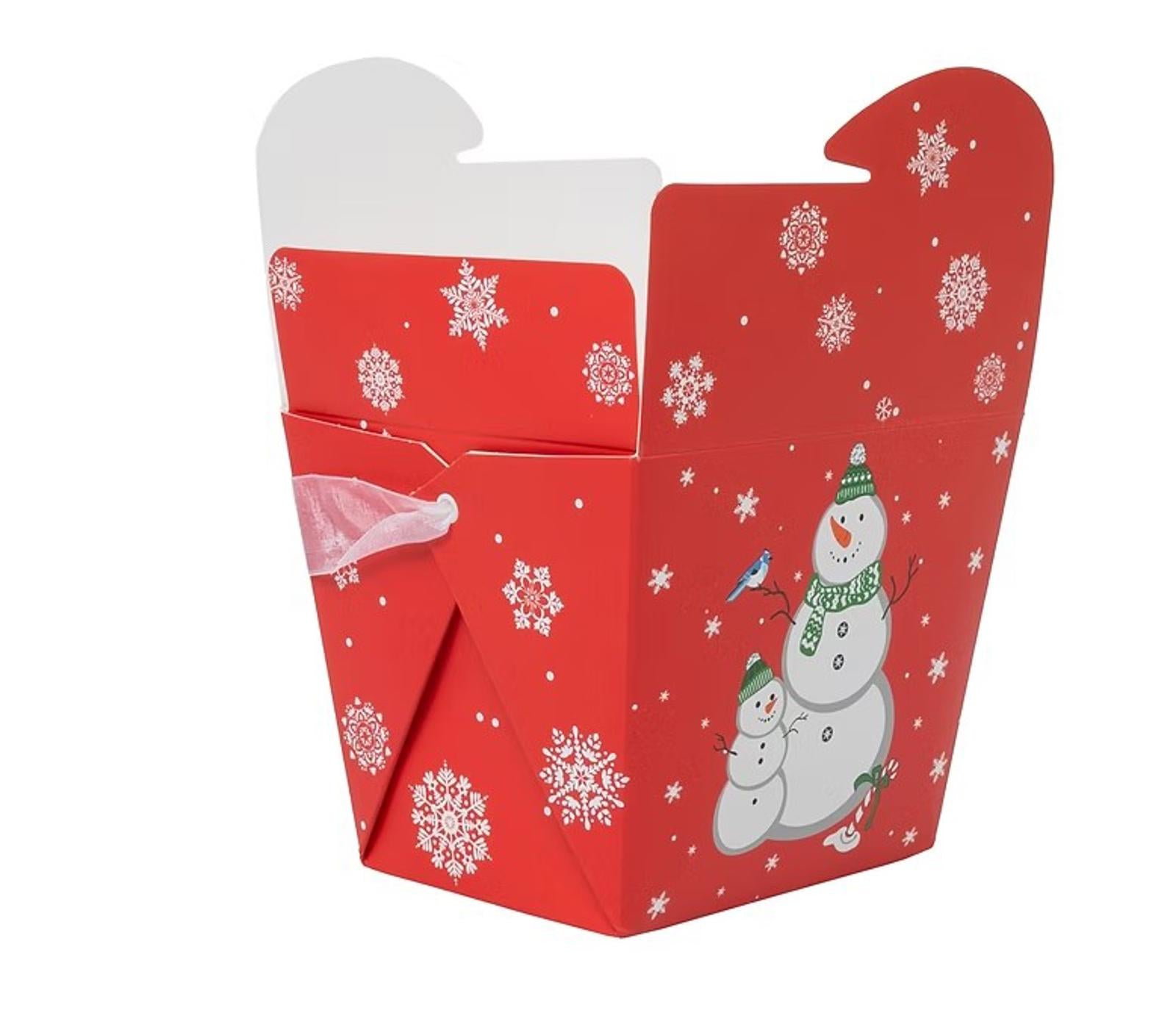 Red Christmas takeout box featuring snowmen and snowflakes design.