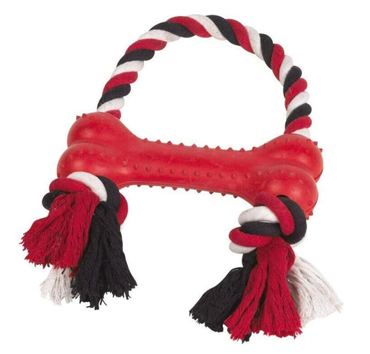 Red dog chew toy with rope handles and textured bone shape for playful chewing.