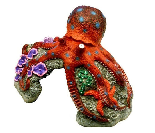 Colorful octopus aquarium decoration with vibrant red and blue details.