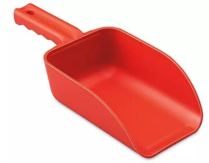 Red plastic scoop with a comfortable grip for easy handling.