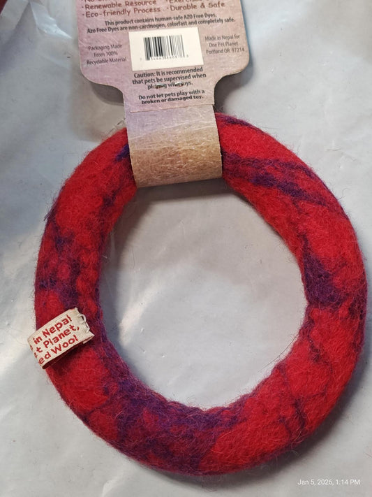 Red and purple wool dog toy ring, eco-friendly and durable for pets.