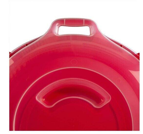 Red storage container with a handle and smooth surface for easy carrying.