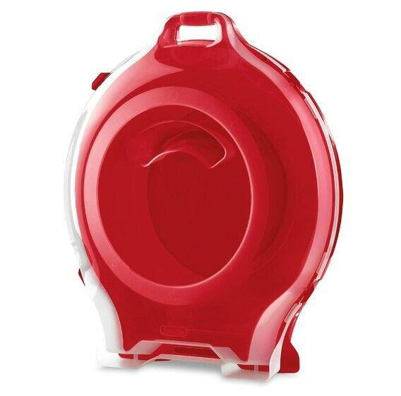 Red plastic food storage container with a secure lid for easy transport.