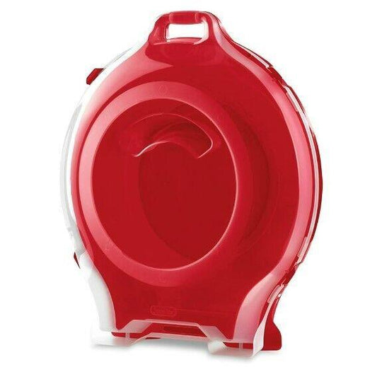 Red plastic food storage container with a secure lid for easy transport.