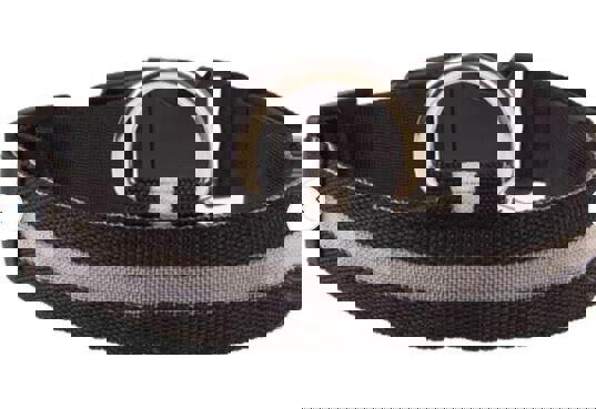 Reflective Dog Collar features a durable black design with a silver stripe and metal D-ring.