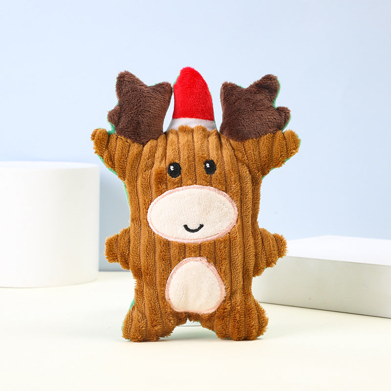 Reindeer plush toy with a red hat and brown body, perfect for cuddling.