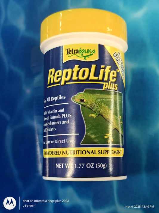 ReptoLife plus powdered nutritional supplement for all reptiles, featuring a green lizard on the label.
