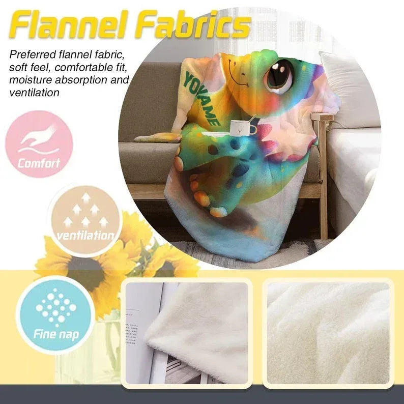 Personalized Dinosaur Blanket | Custom Name | Rainbow Colorful Smiling Dino Flannel Fleece Throw Gift