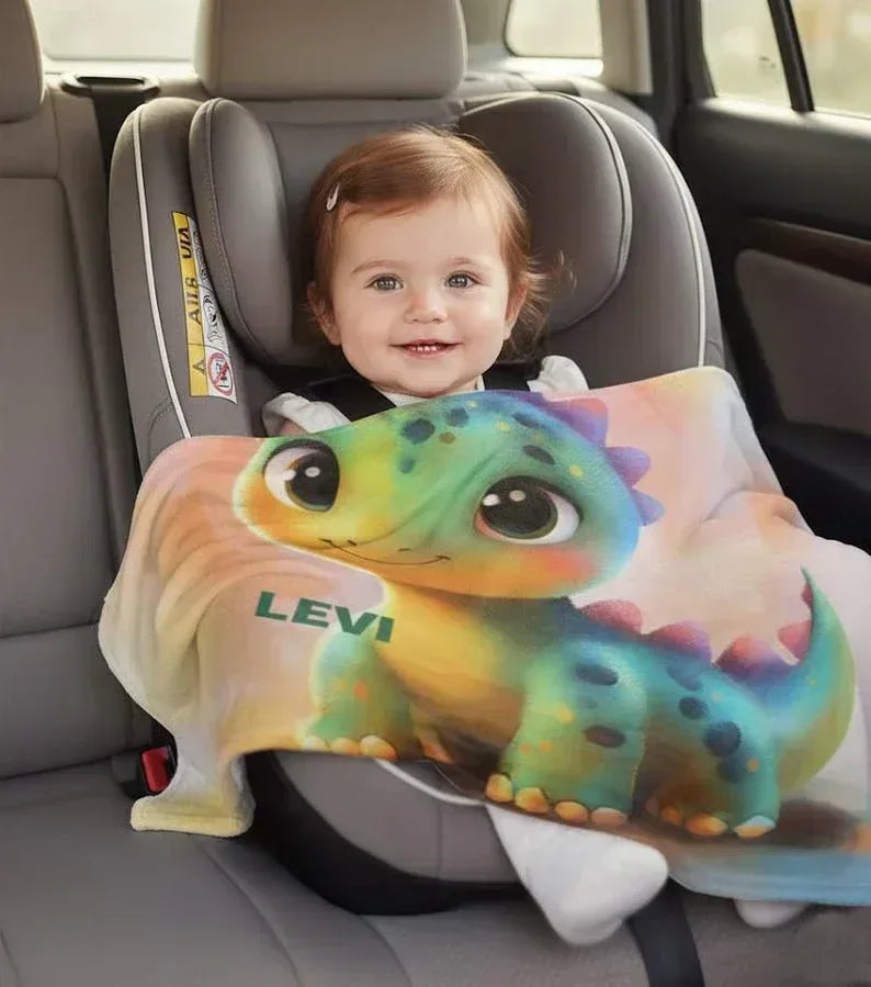 Personalized Dinosaur Blanket | Custom Name | Rainbow Colorful Smiling Dino Flannel Fleece Throw Gift